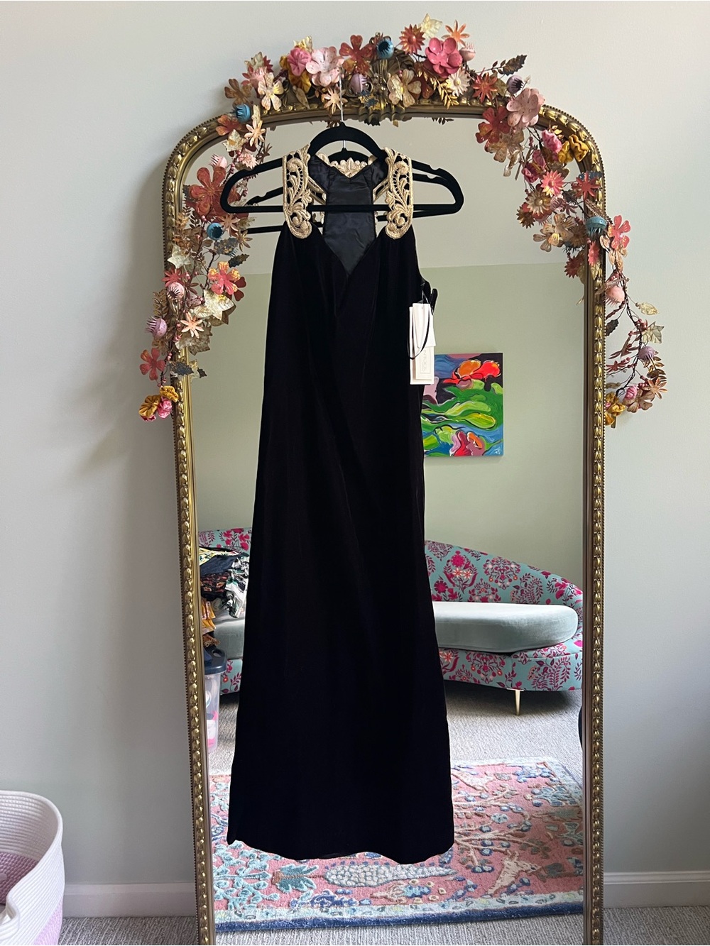 Vintage 90s Scott McClintock Black Maxi Dress with Embroidered Gold Shoulders